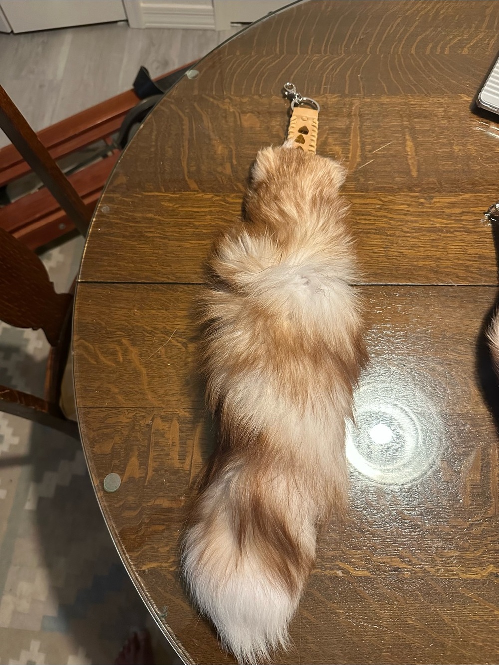 Hand Crafted Red Fox Tail Keychain - Brown and White w/ tan buckskin & Tiger eye